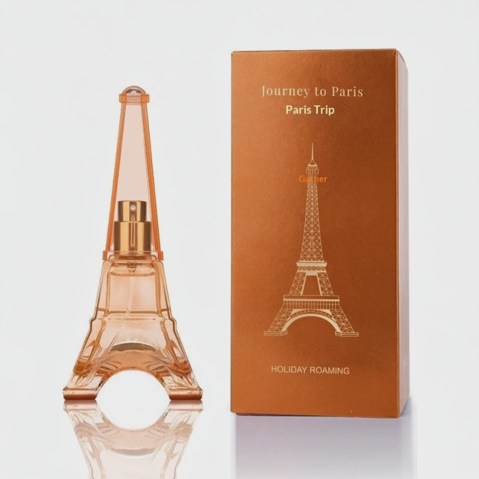 AI-assisted visualization of the orange Journey to Paris fragrance option being handled and sprayed; original product photographs and all options appear below.