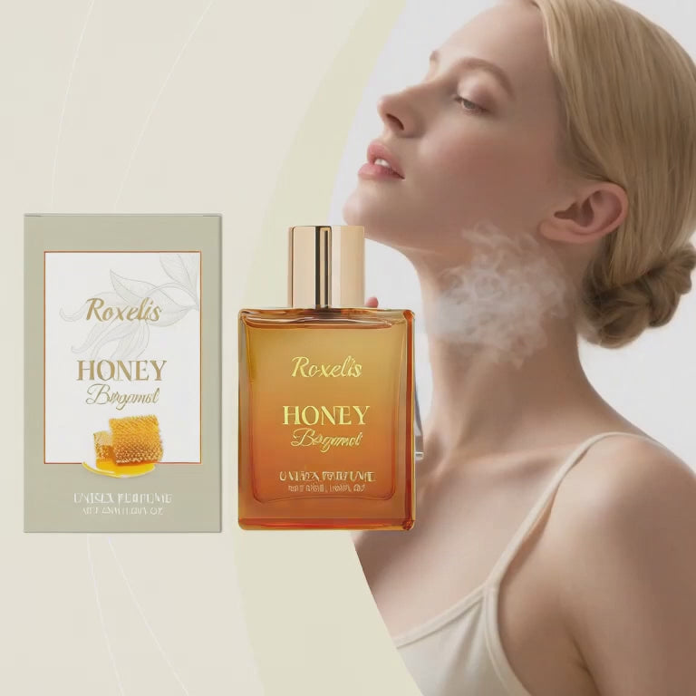 AI-assisted visualization of Roxelis Honey Bergamot spray fragrance being handled and misted into air; original product photographs appear below.