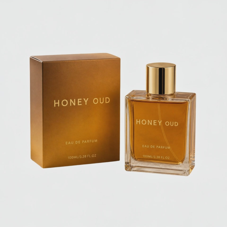 AI-assisted visualization of the Honey Oud 100ml bottle being uncapped and sprayed toward a wrist