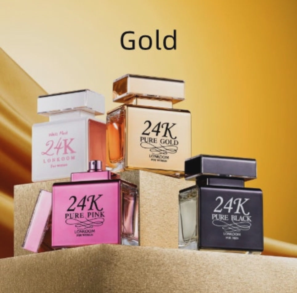 AI-assisted example of the 24K Gold fragrance being sprayed; Pink and Black bottles appear in the opening scene