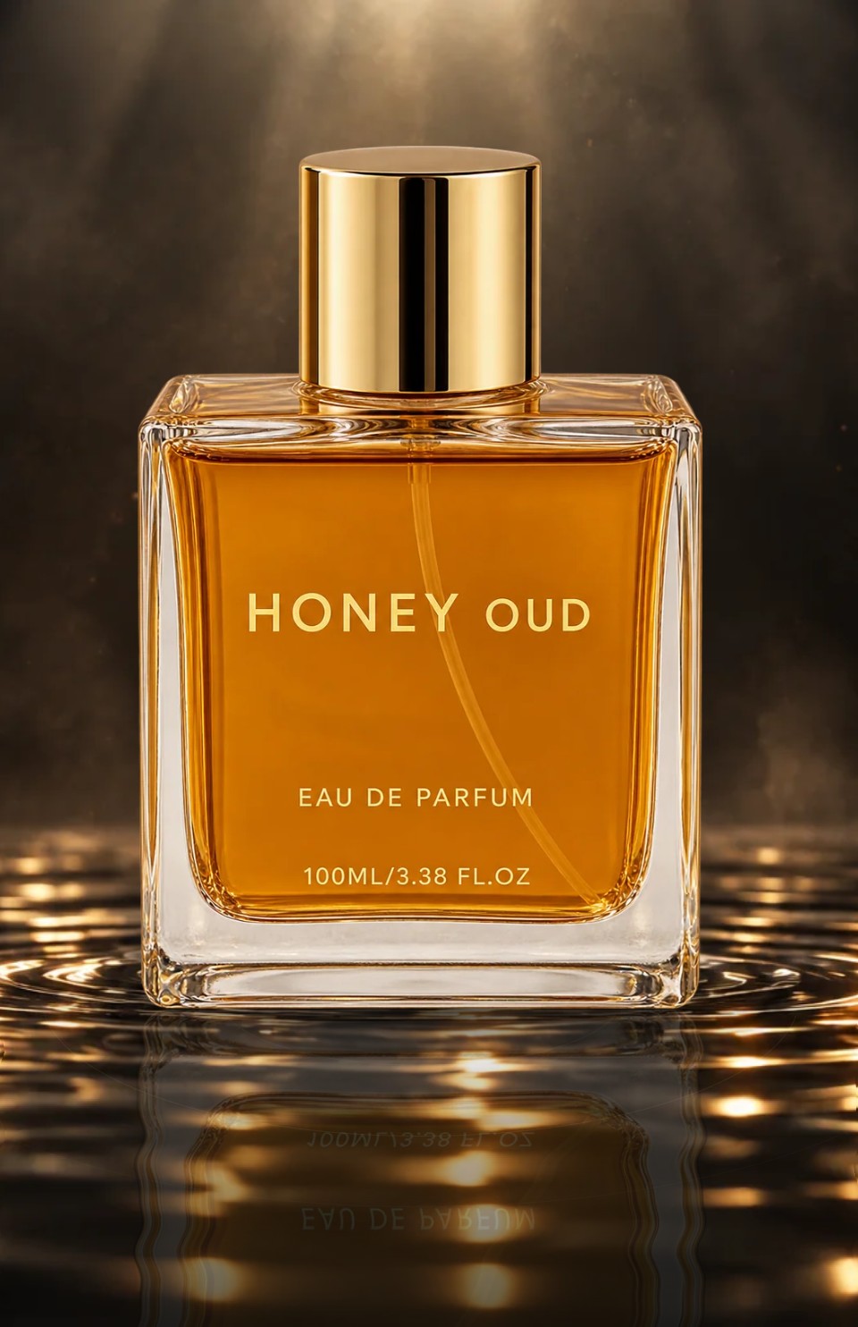 Honey Oud 100 ml bottle in a golden water studio visualization